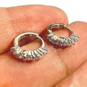 Sterling Silver 925 CZ Hoop Earrings 6mm – Elegant Baguette & Round Cut Huggies